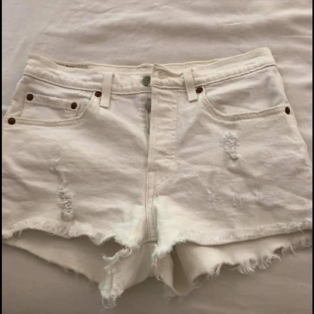 White Levi button up denim shorts